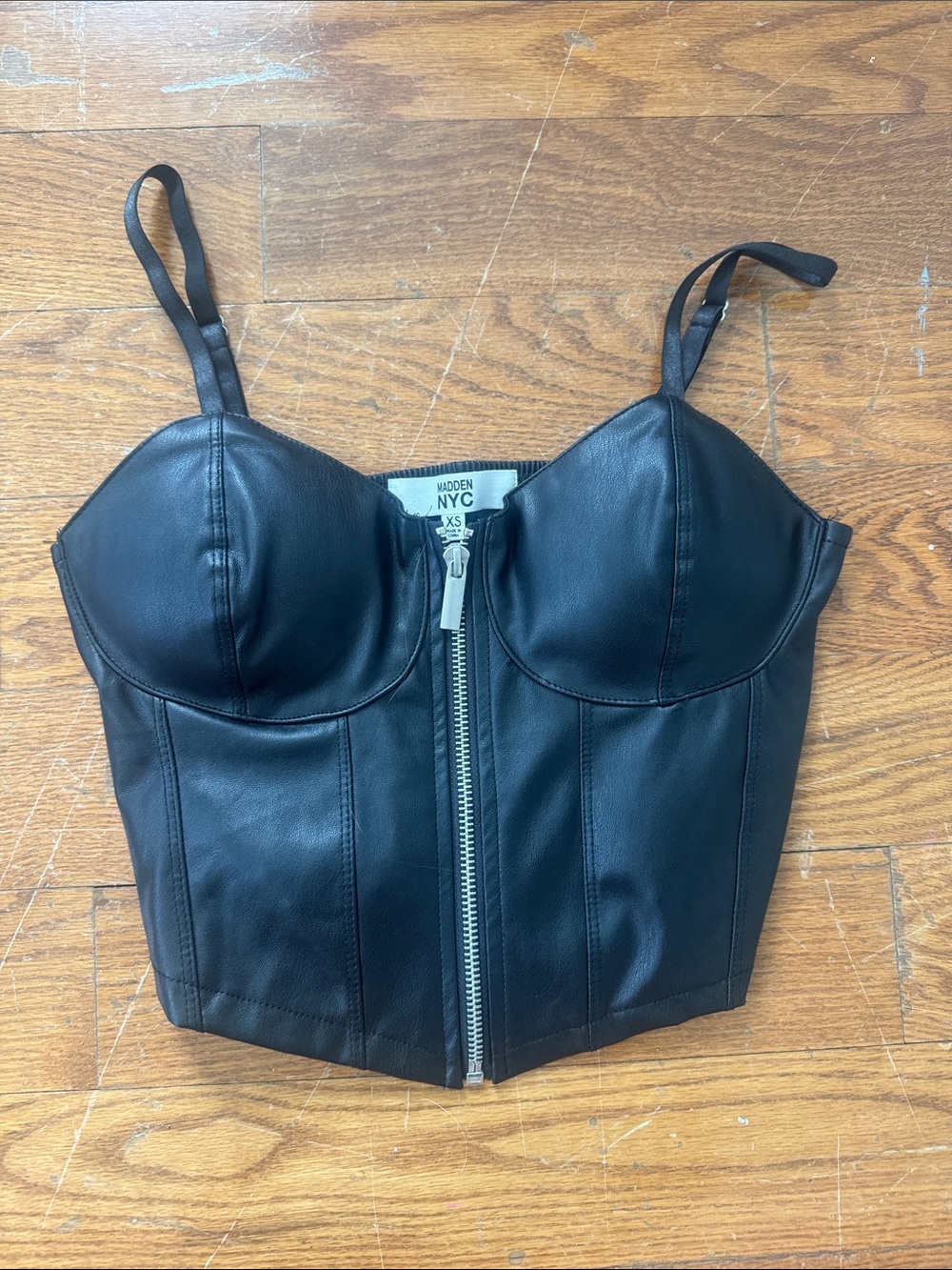 MADDEN NYC Black Faux Leather Bustier with Front Zip